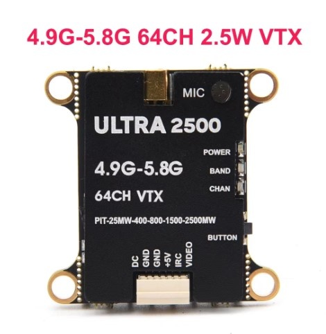 VTX 2.5W 4.9G-5.8G 64CH 2500mW Pit/25/400/800mW/1.5W/2.5W Adjustable Transmitter 30.5x30.5mm for Long Range RC Drone Models
